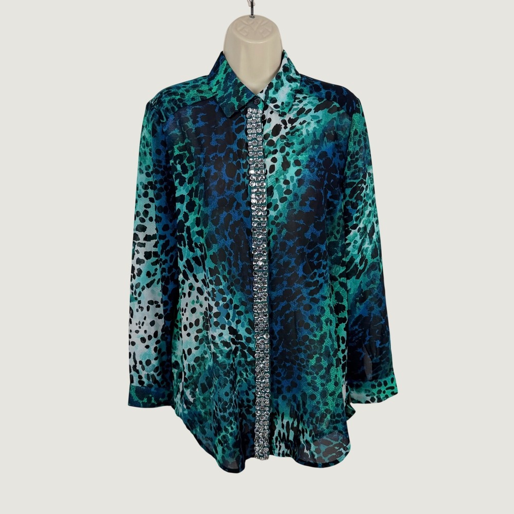 Chico's Blue Green Animal Print Rhinestone Button Up Shirt Size 1 Medium
